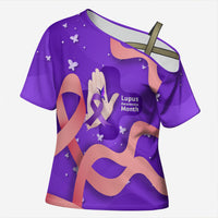Lupus Awareness Cross Shoulder Shirt Her Fight Is My Fight - Purple Ribbon Butterfly Wave Style