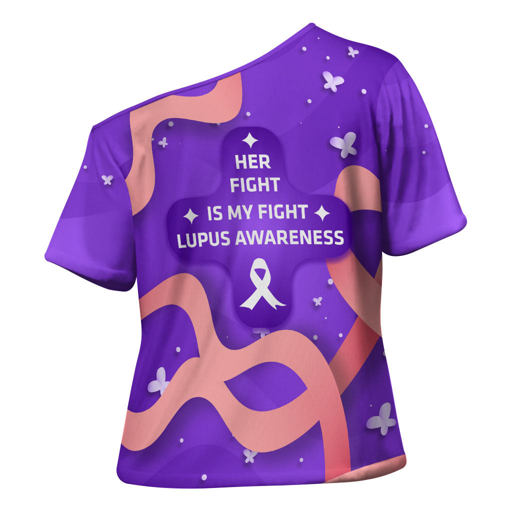 Lupus Awareness Cross Shoulder Shirt Her Fight Is My Fight - Purple Ribbon Butterfly Wave Style
