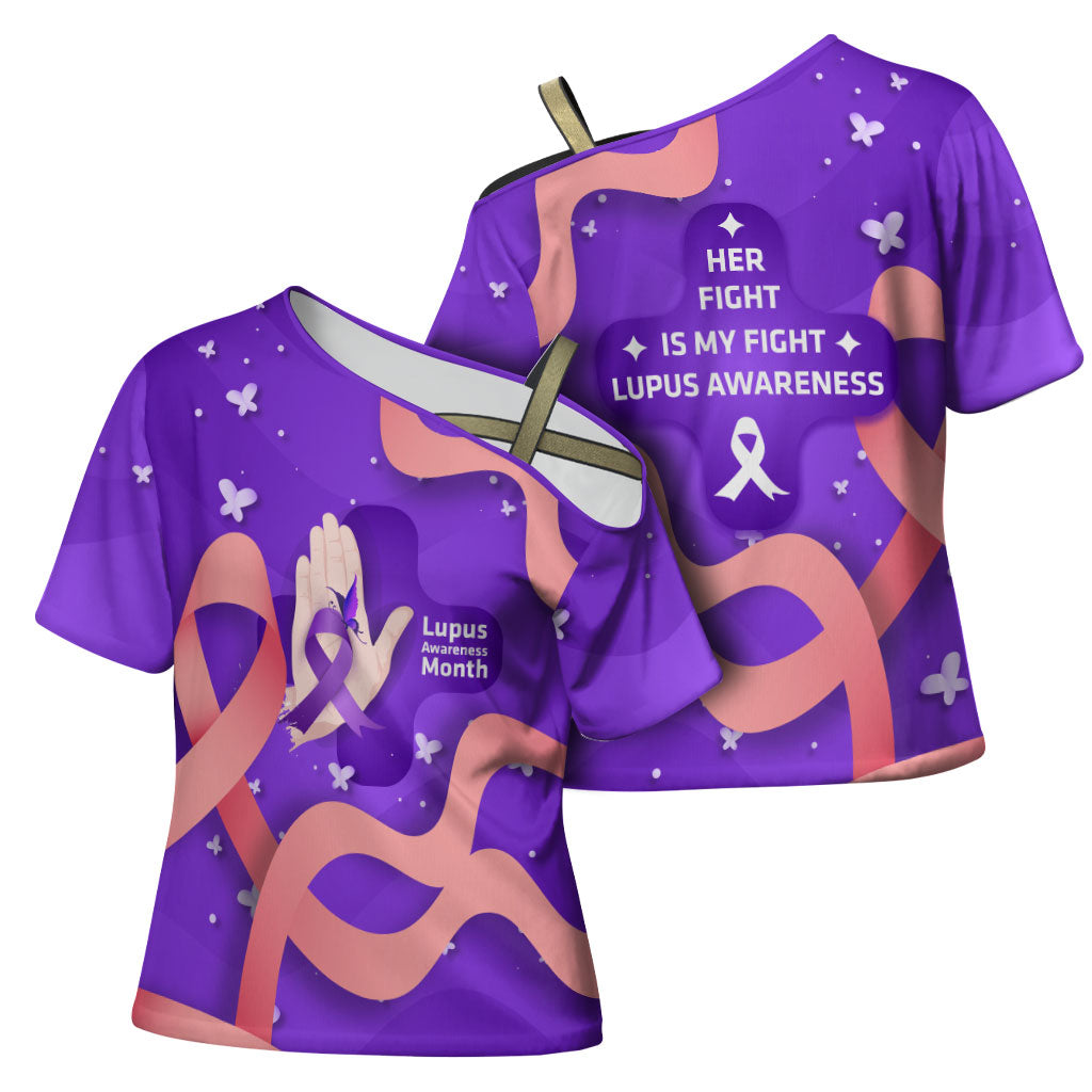 Lupus Awareness Cross Shoulder Shirt Her Fight Is My Fight - Purple Ribbon Butterfly Wave Style