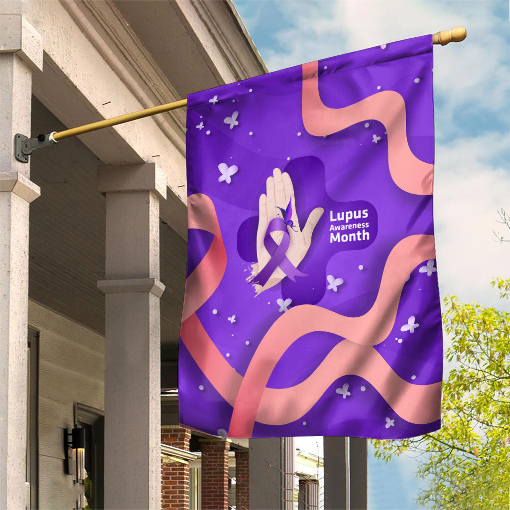 Lupus Awareness Garden Flag Her Fight Is My Fight - Purple Ribbon Butterfly Wave Style