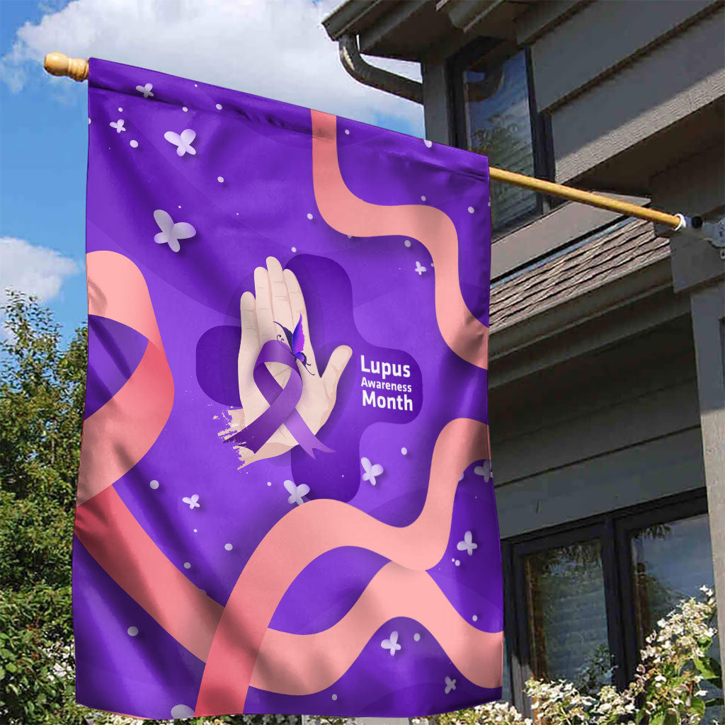 Lupus Awareness Garden Flag Her Fight Is My Fight - Purple Ribbon Butterfly Wave Style