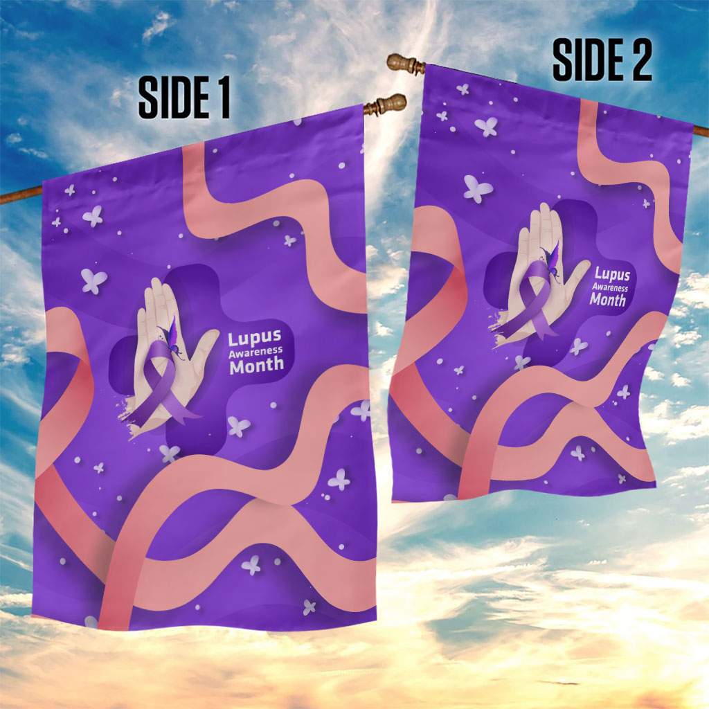 Lupus Awareness Garden Flag Her Fight Is My Fight - Purple Ribbon Butterfly Wave Style
