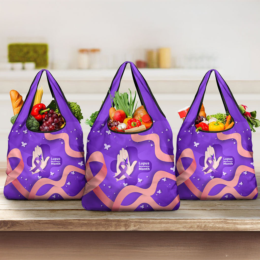 Lupus Awareness Grocery Bag Her Fight Is My Fight - Purple Ribbon Butterfly Wave Style
