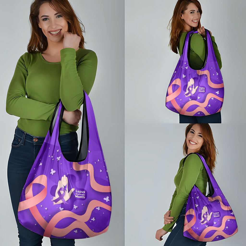 Lupus Awareness Grocery Bag Her Fight Is My Fight - Purple Ribbon Butterfly Wave Style