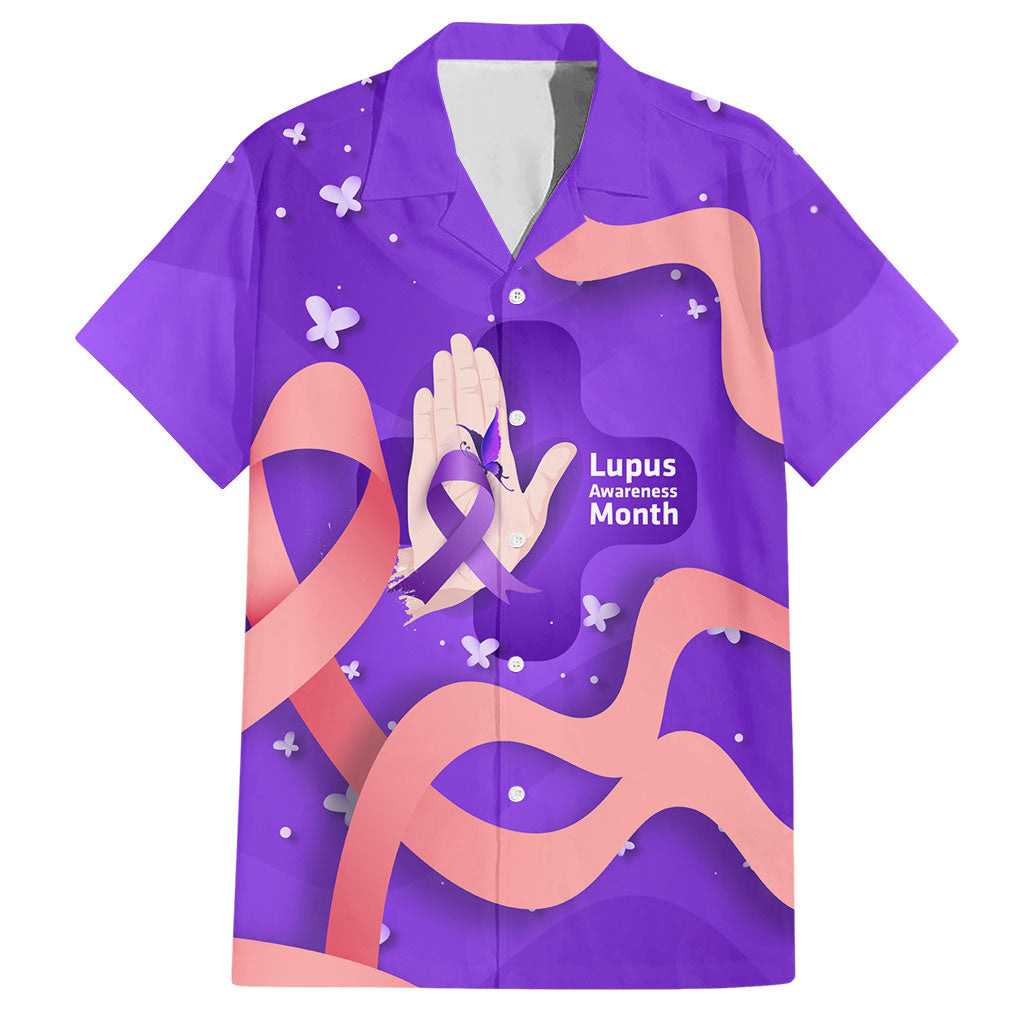 Lupus Awareness Hawaiian Shirt Her Fight Is My Fight - Purple Ribbon Butterfly Wave Style