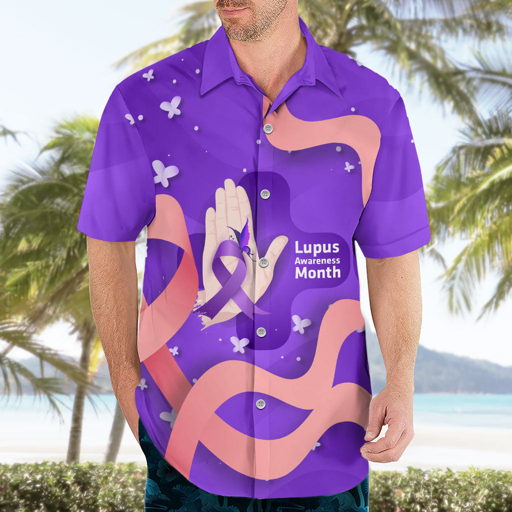 Lupus Awareness Hawaiian Shirt Her Fight Is My Fight - Purple Ribbon Butterfly Wave Style