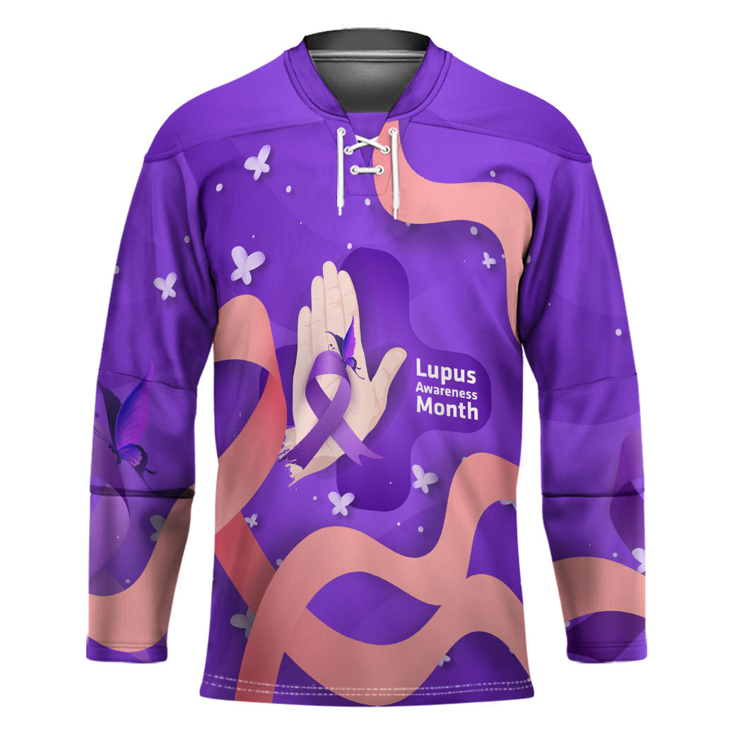 Lupus Awareness Hockey Jersey Her Fight Is My Fight - Purple Ribbon Butterfly Wave Style
