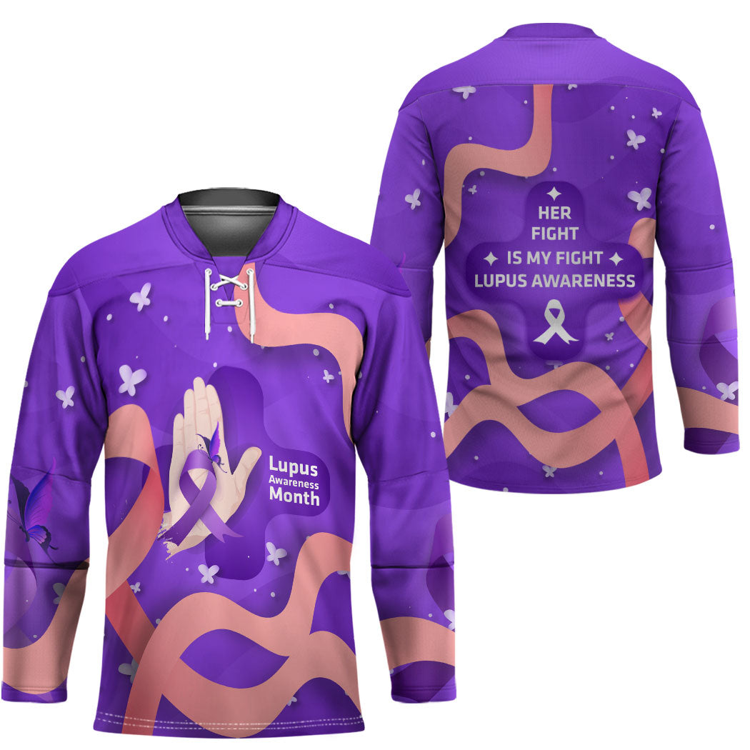 Lupus Awareness Hockey Jersey Her Fight Is My Fight - Purple Ribbon Butterfly Wave Style
