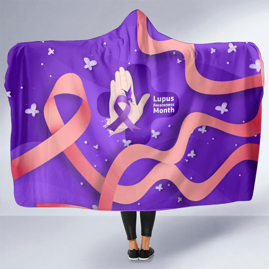 Lupus Awareness Hooded Blanket Her Fight Is My Fight - Purple Ribbon Butterfly Wave Style
