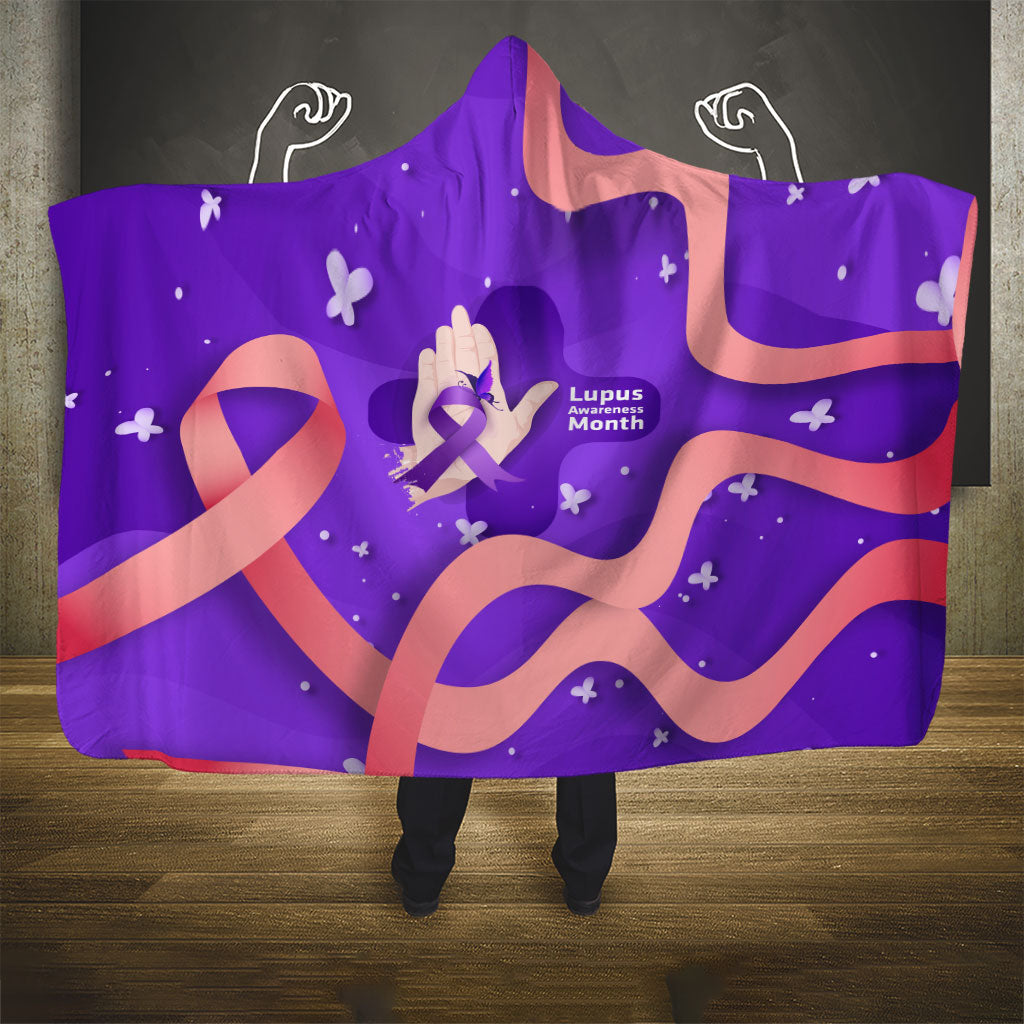 Lupus Awareness Hooded Blanket Her Fight Is My Fight - Purple Ribbon Butterfly Wave Style