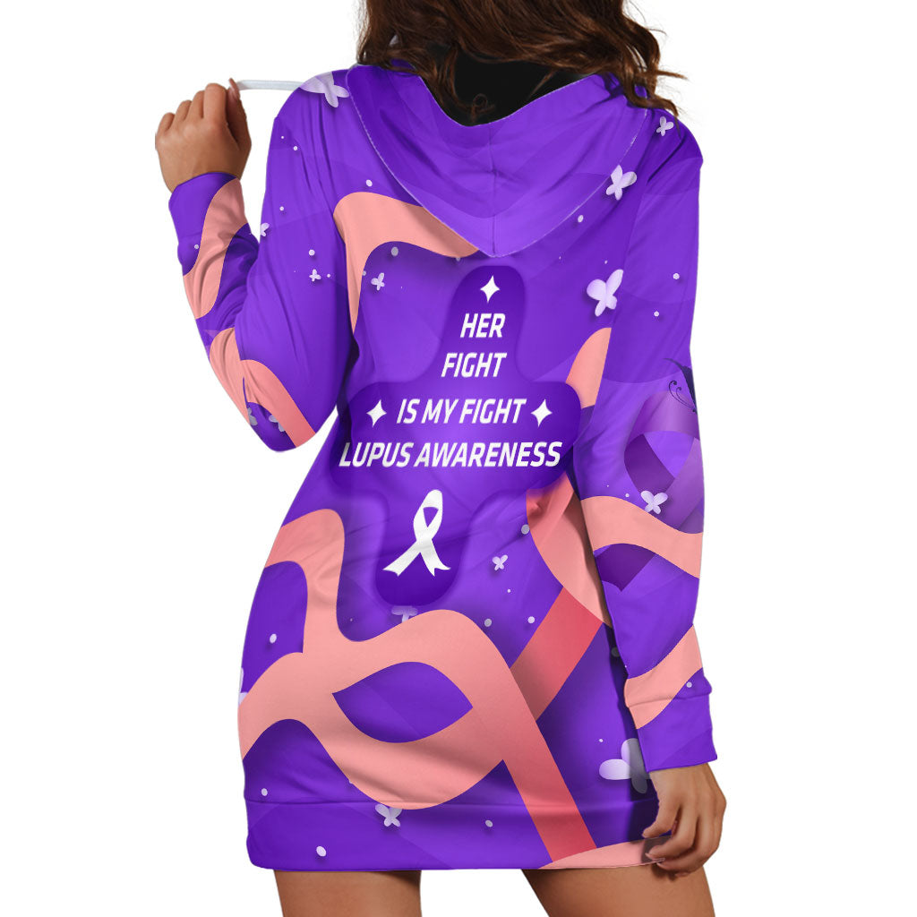 Lupus Awareness Hoodie Dress Her Fight Is My Fight - Purple Ribbon Butterfly Wave Style