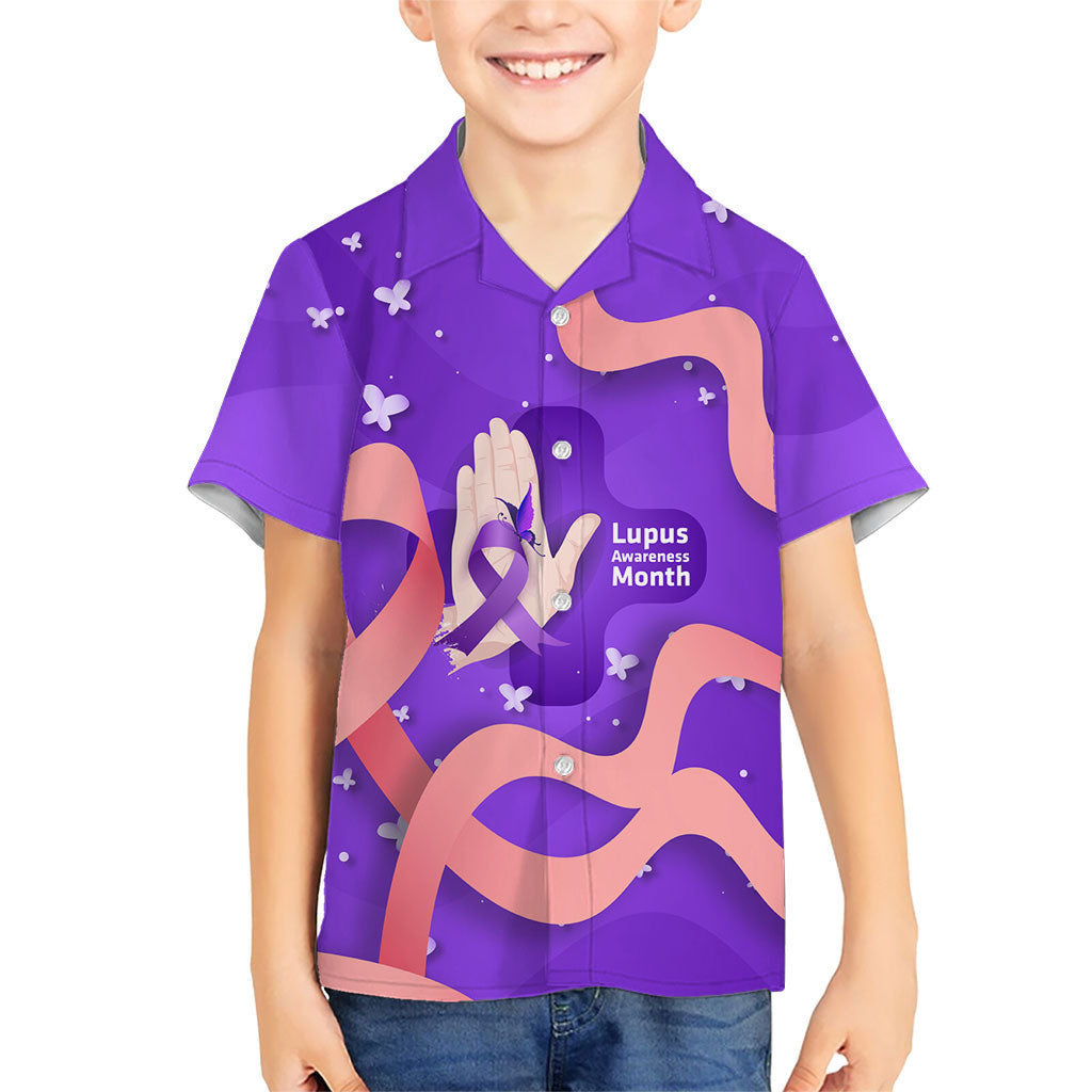 Lupus Awareness Kid Hawaiian Shirt Her Fight Is My Fight - Purple Ribbon Butterfly Wave Style