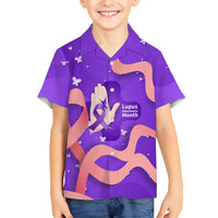 Lupus Awareness Kid Hawaiian Shirt Her Fight Is My Fight - Purple Ribbon Butterfly Wave Style