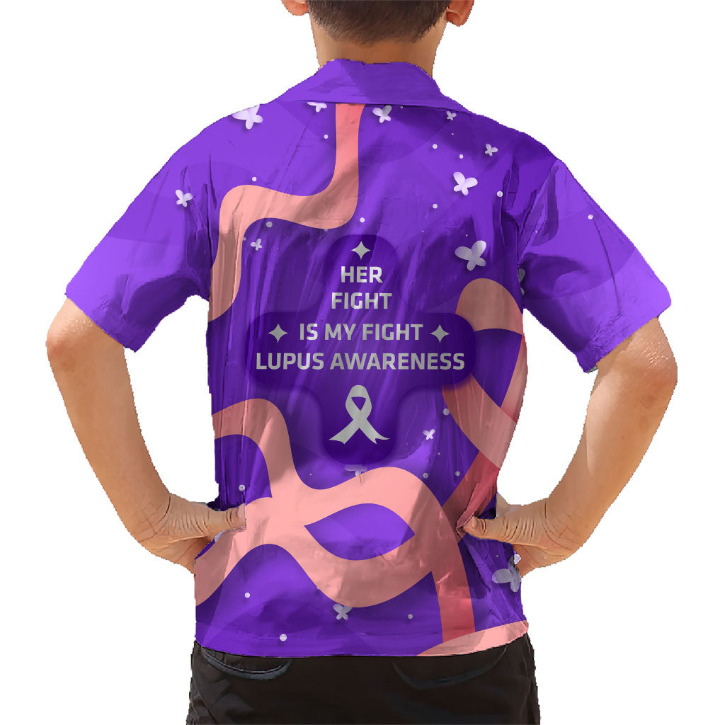 Lupus Awareness Kid Hawaiian Shirt Her Fight Is My Fight - Purple Ribbon Butterfly Wave Style