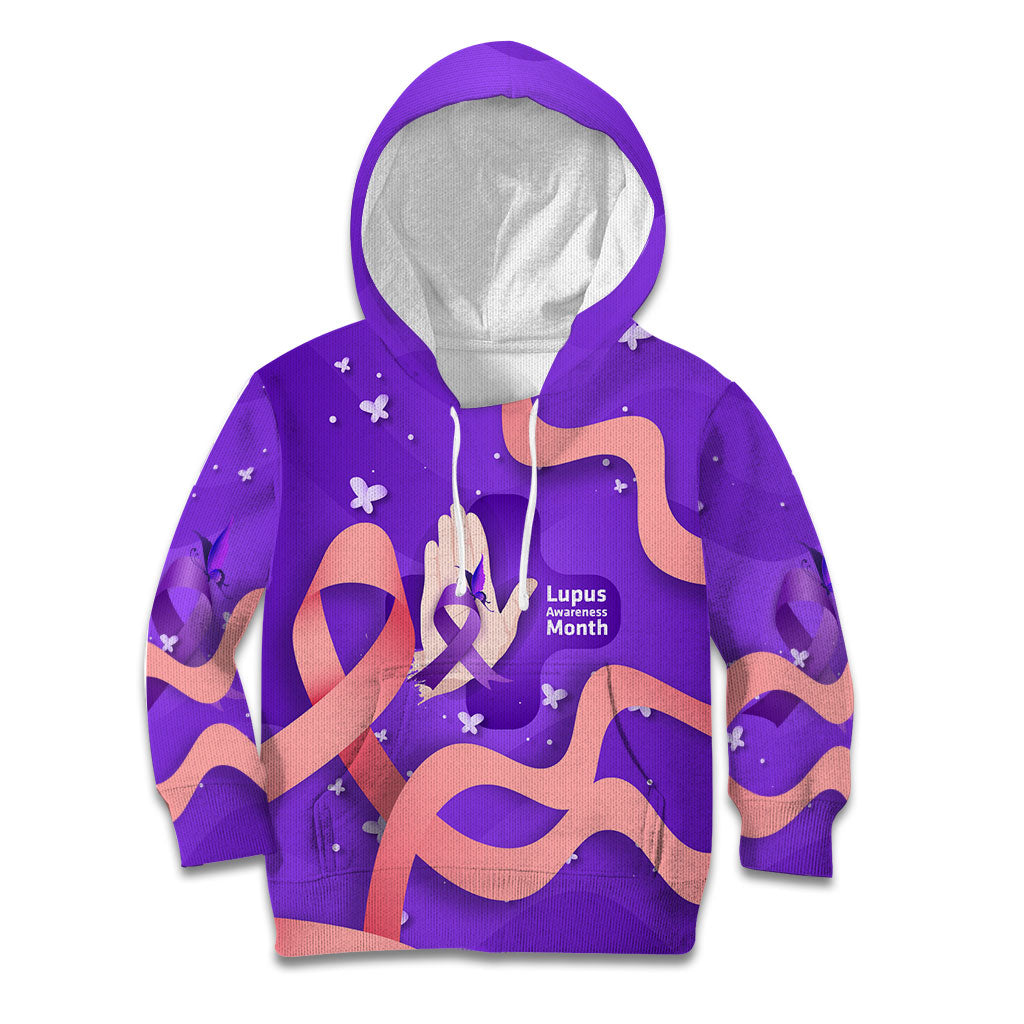 Lupus Awareness Kid Hoodie Her Fight Is My Fight - Purple Ribbon Butterfly Wave Style