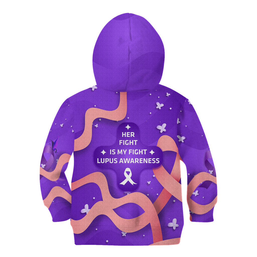 Lupus Awareness Kid Hoodie Her Fight Is My Fight - Purple Ribbon Butterfly Wave Style