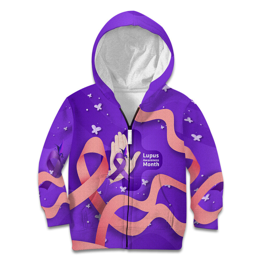 Lupus Awareness Kid Hoodie Her Fight Is My Fight - Purple Ribbon Butterfly Wave Style