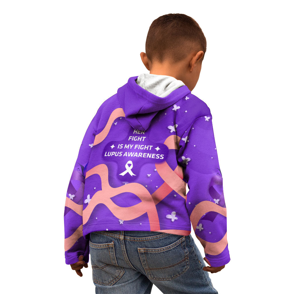 Lupus Awareness Kid Hoodie Her Fight Is My Fight - Purple Ribbon Butterfly Wave Style