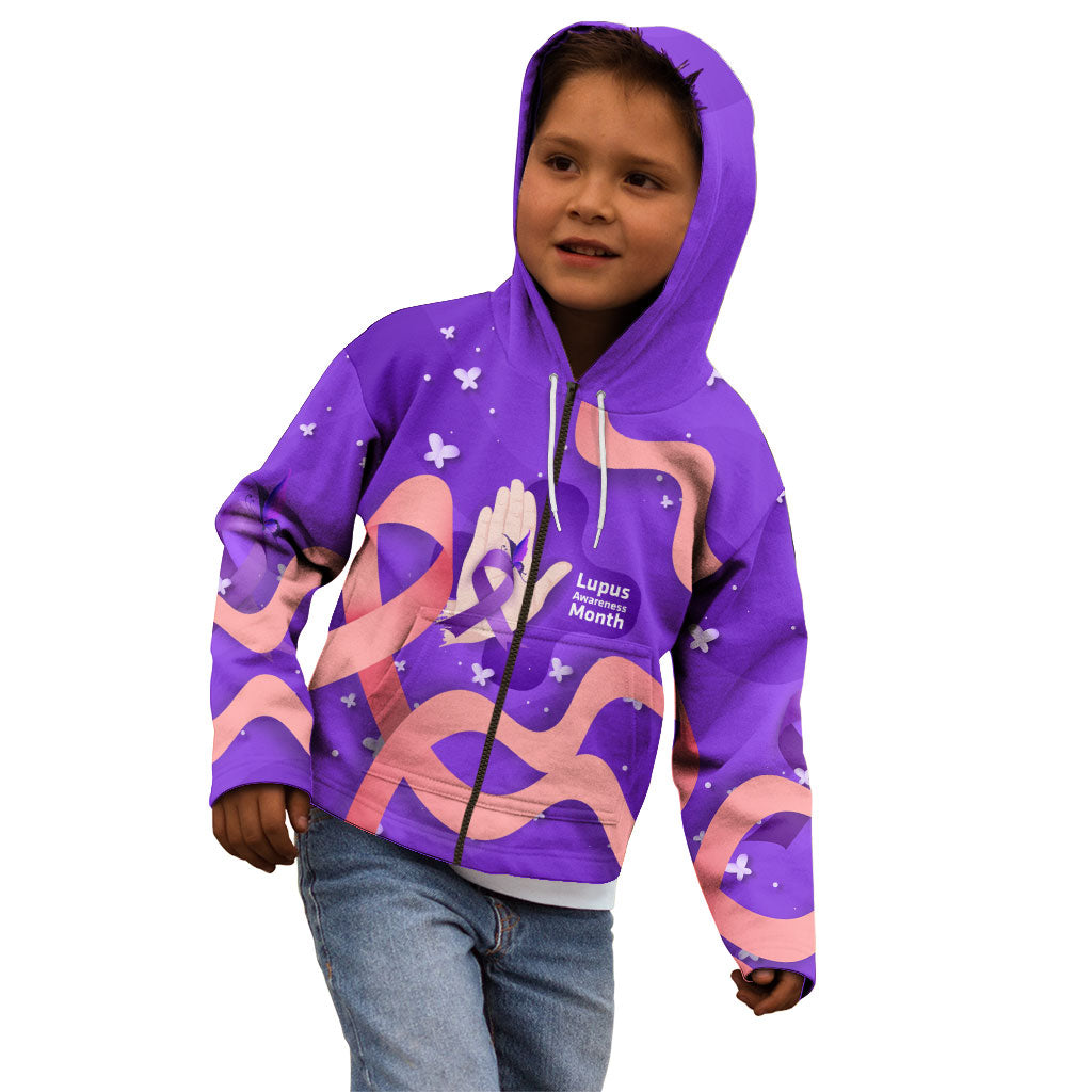 Lupus Awareness Kid Hoodie Her Fight Is My Fight - Purple Ribbon Butterfly Wave Style