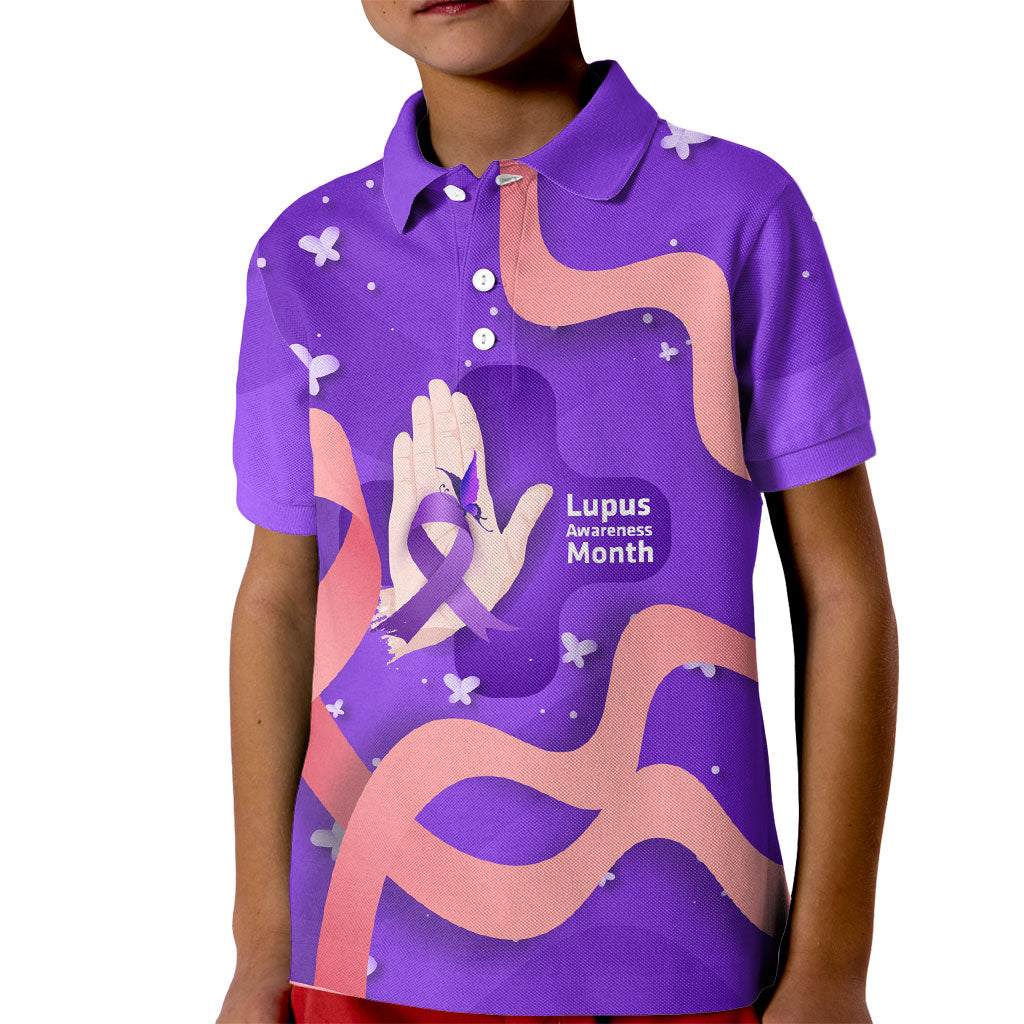Lupus Awareness Kid Polo Shirt Her Fight Is My Fight - Purple Ribbon Butterfly Wave Style