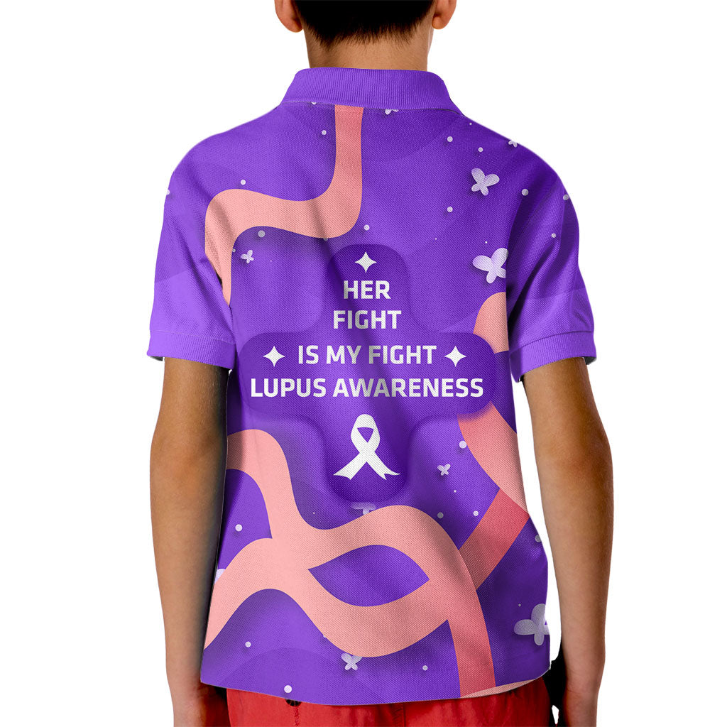 Lupus Awareness Kid Polo Shirt Her Fight Is My Fight - Purple Ribbon Butterfly Wave Style