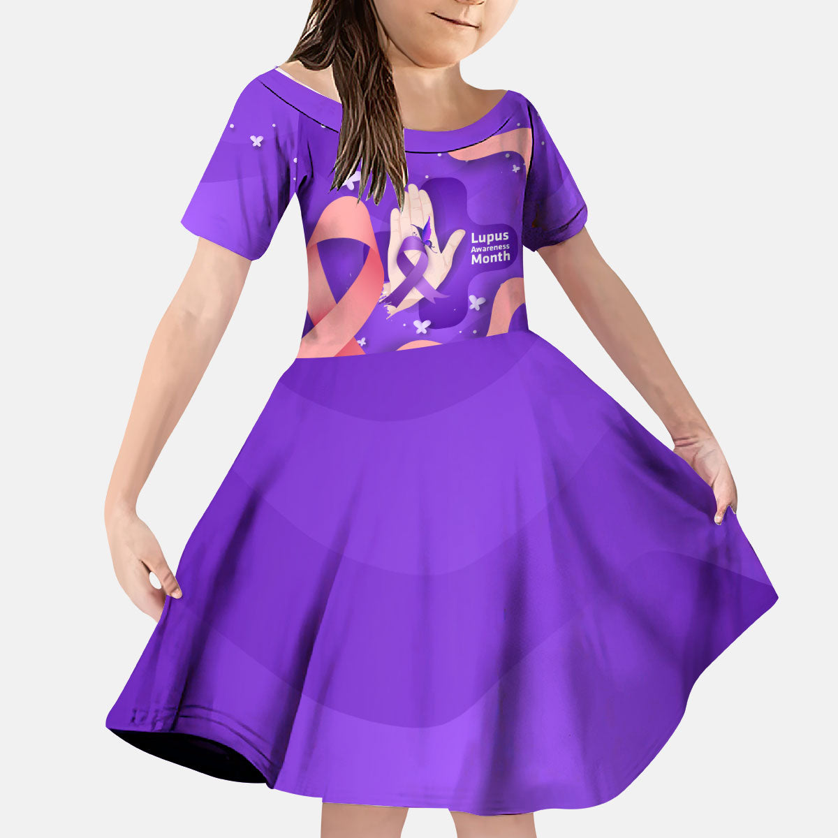 Lupus Awareness Kid Short Sleeve Dress Her Fight Is My Fight - Purple Ribbon Butterfly Wave Style