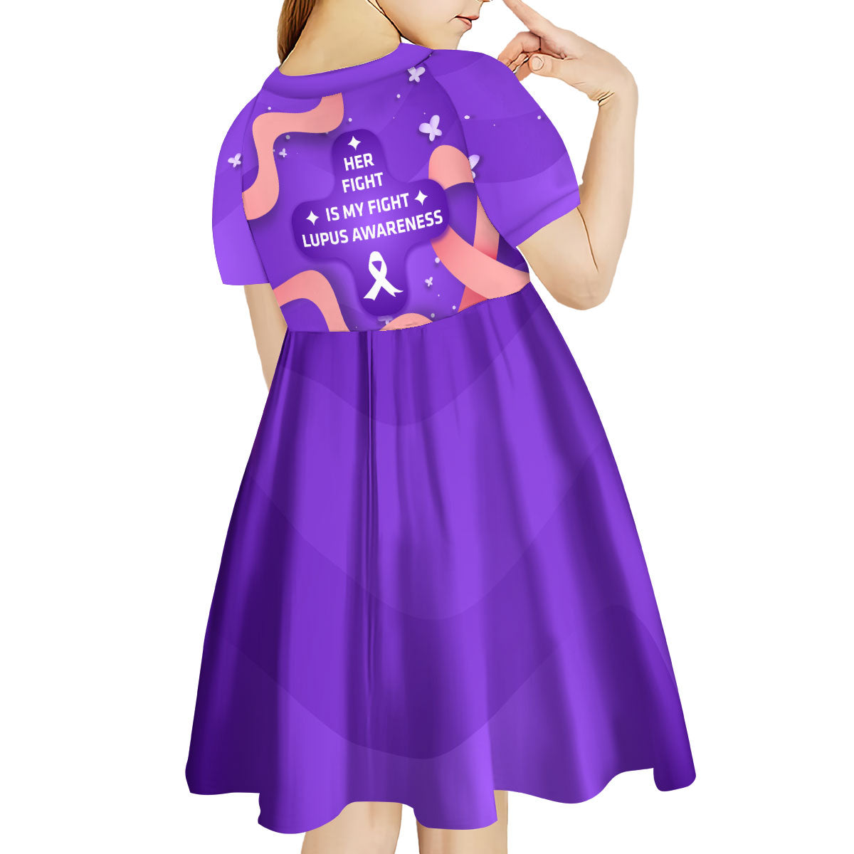 Lupus Awareness Kid Short Sleeve Dress Her Fight Is My Fight - Purple Ribbon Butterfly Wave Style