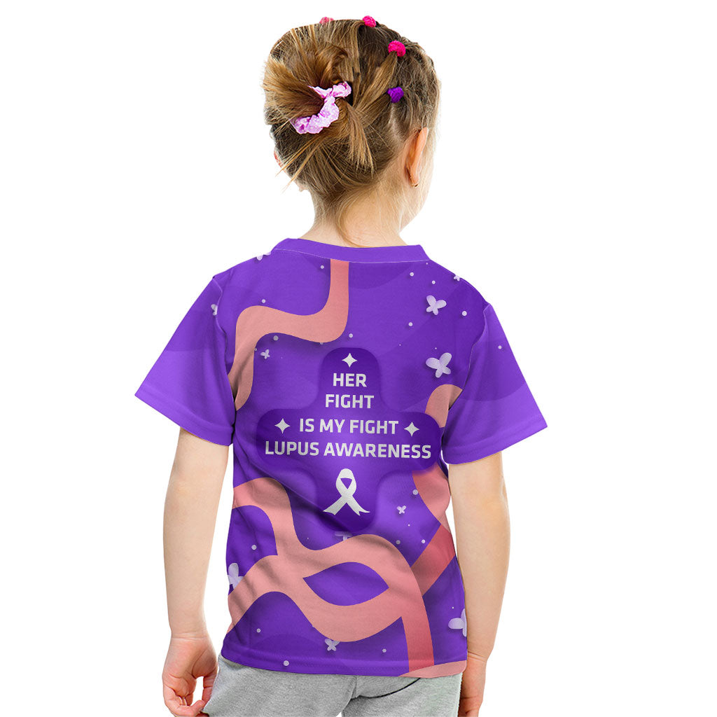 Lupus Awareness Kid T Shirt Her Fight Is My Fight - Purple Ribbon Butterfly Wave Style