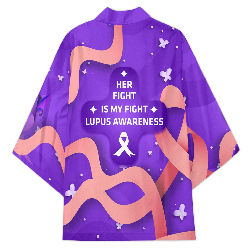 Lupus Awareness Kimono Her Fight Is My Fight - Purple Ribbon Butterfly Wave Style