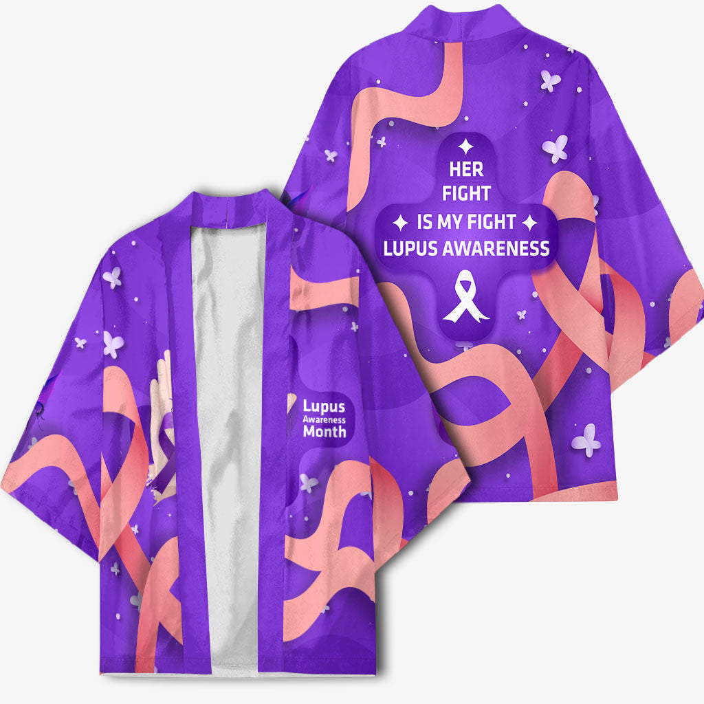 Lupus Awareness Kimono Her Fight Is My Fight - Purple Ribbon Butterfly Wave Style