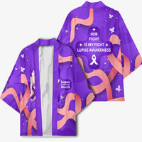 Lupus Awareness Kimono Her Fight Is My Fight - Purple Ribbon Butterfly Wave Style