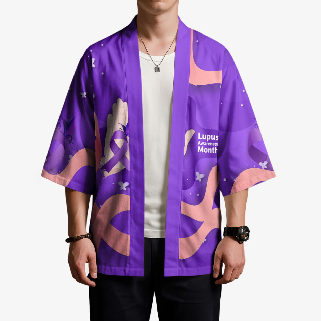 Lupus Awareness Kimono Her Fight Is My Fight - Purple Ribbon Butterfly Wave Style