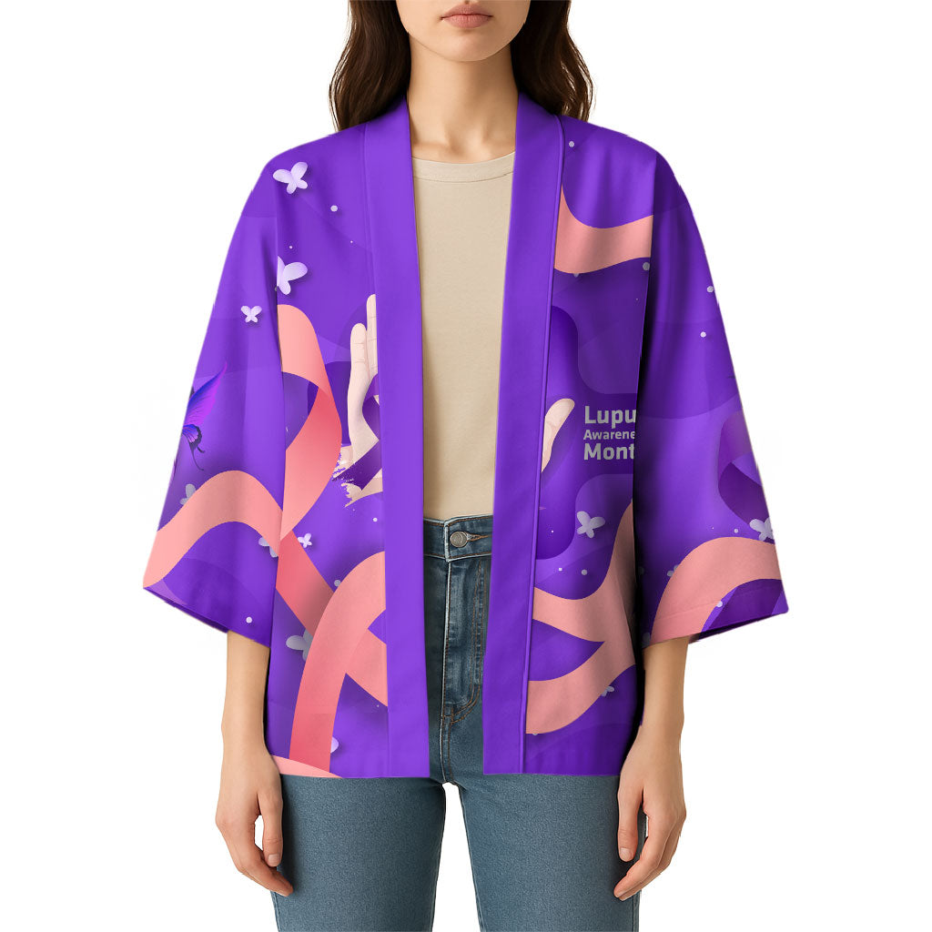 Lupus Awareness Kimono Her Fight Is My Fight - Purple Ribbon Butterfly Wave Style