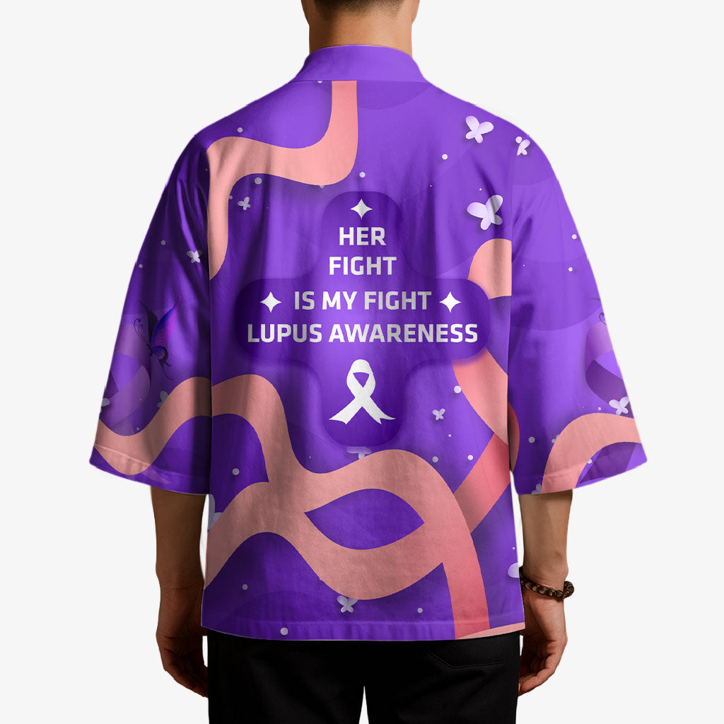 Lupus Awareness Kimono Her Fight Is My Fight - Purple Ribbon Butterfly Wave Style