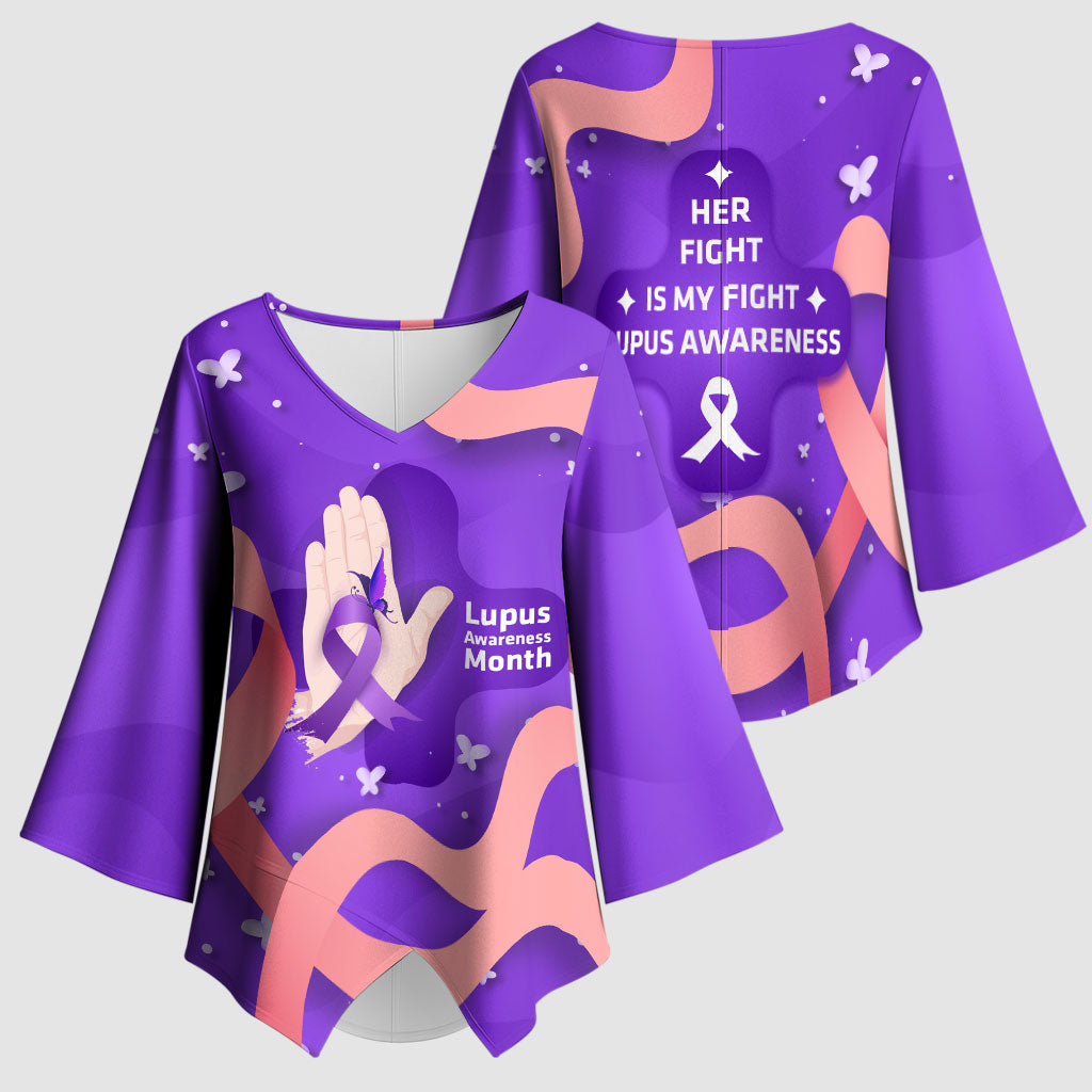 Lupus Awareness Kimono Sleeve Blouse Her Fight Is My Fight - Purple Ribbon Butterfly Wave Style