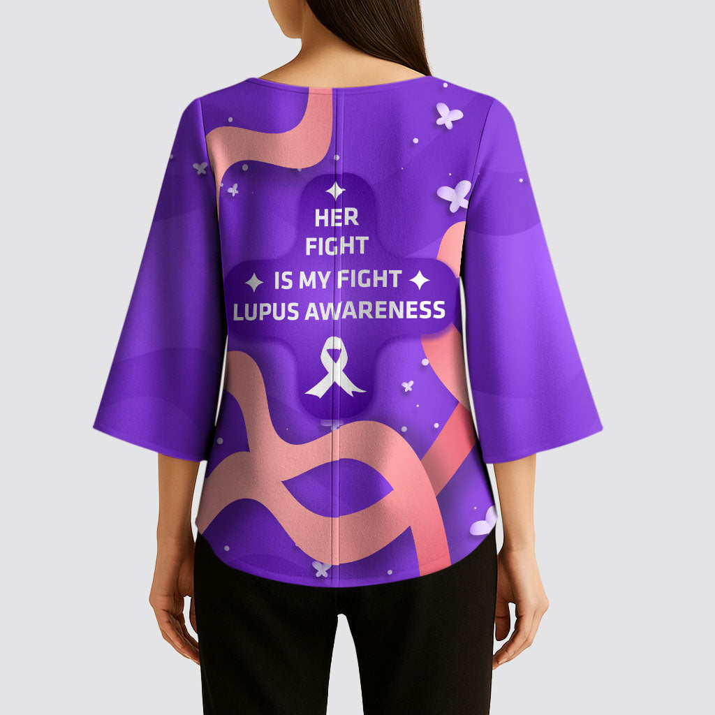 Lupus Awareness Kimono Sleeve Blouse Her Fight Is My Fight - Purple Ribbon Butterfly Wave Style
