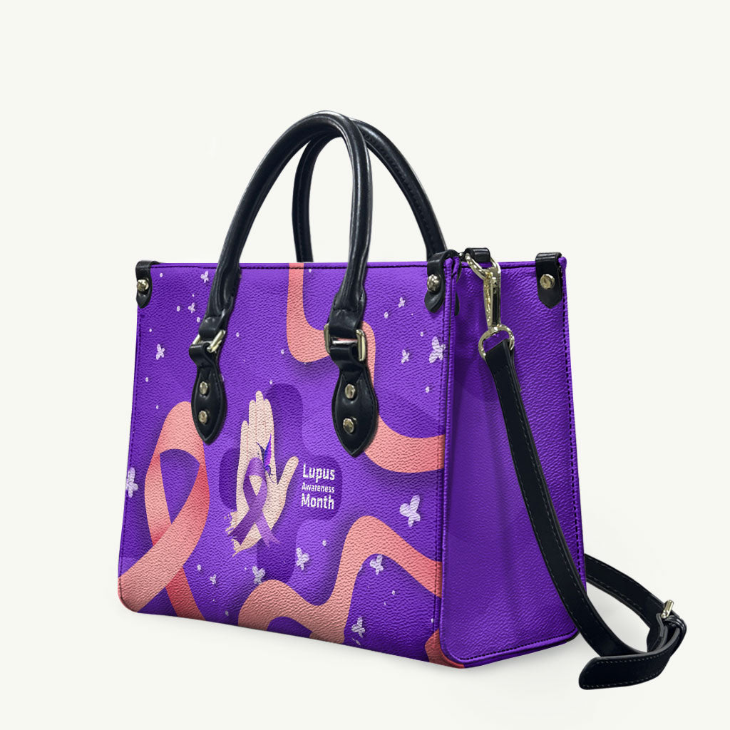 Lupus Awareness Leather Bag Her Fight Is My Fight - Purple Ribbon Butterfly Wave Style