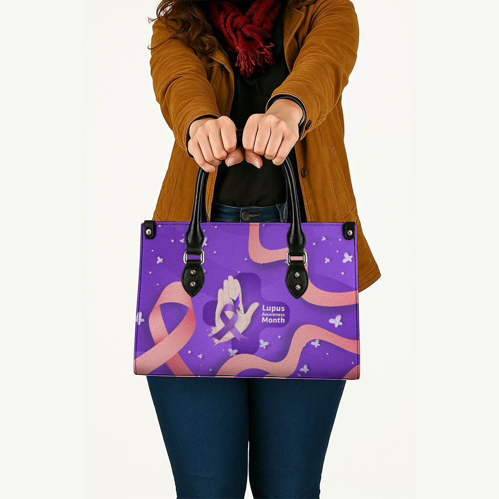 Lupus Awareness Leather Bag Her Fight Is My Fight - Purple Ribbon Butterfly Wave Style