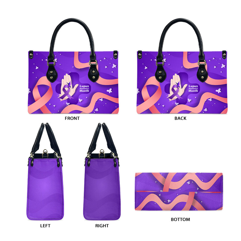Lupus Awareness Leather Bag Her Fight Is My Fight - Purple Ribbon Butterfly Wave Style