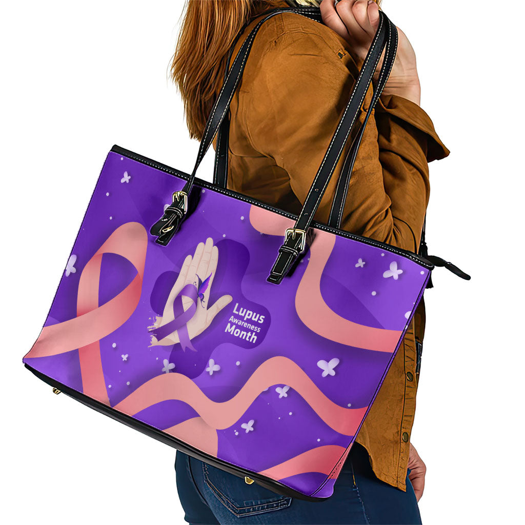 Lupus Awareness Leather Tote Bag Her Fight Is My Fight - Purple Ribbon Butterfly Wave Style