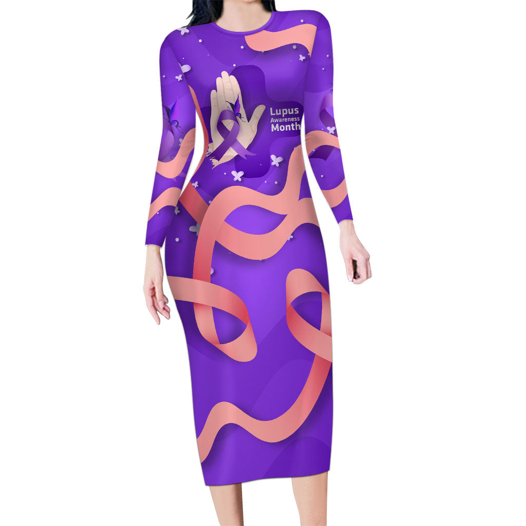 Lupus Awareness Long Sleeve Bodycon Dress Her Fight Is My Fight - Purple Ribbon Butterfly Wave Style