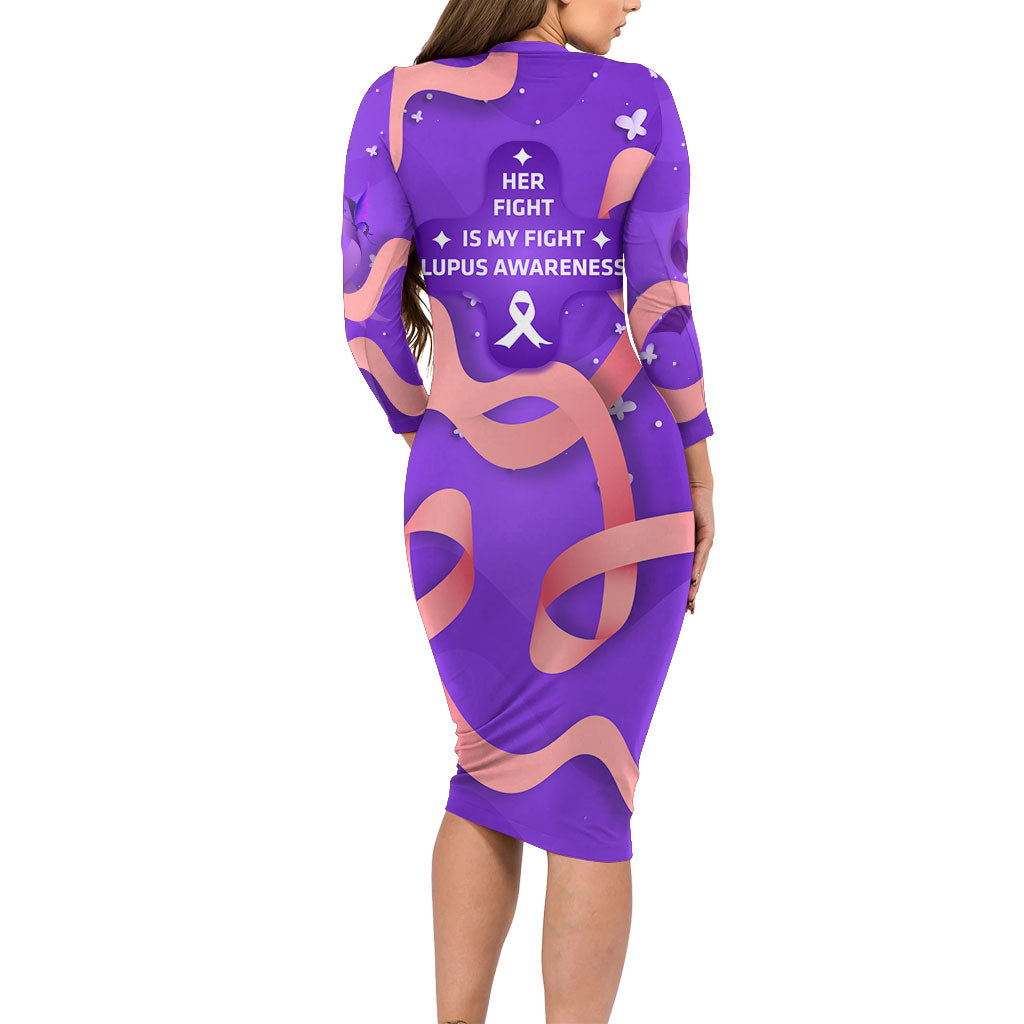 Lupus Awareness Long Sleeve Bodycon Dress Her Fight Is My Fight - Purple Ribbon Butterfly Wave Style