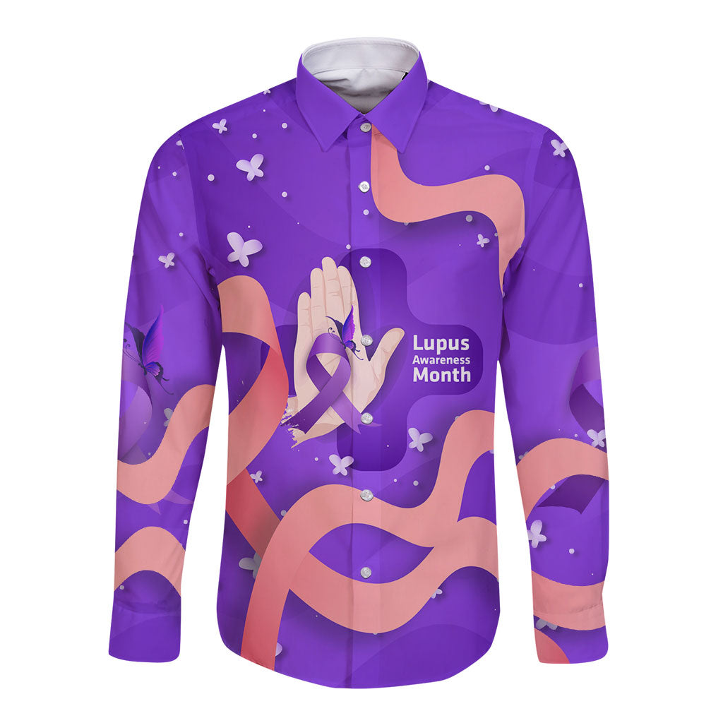 Lupus Awareness Long Sleeve Button Shirt Her Fight Is My Fight - Purple Ribbon Butterfly Wave Style