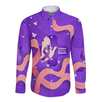 Lupus Awareness Long Sleeve Button Shirt Her Fight Is My Fight - Purple Ribbon Butterfly Wave Style