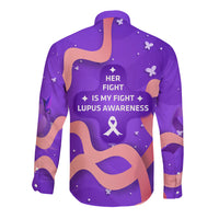 Lupus Awareness Long Sleeve Button Shirt Her Fight Is My Fight - Purple Ribbon Butterfly Wave Style