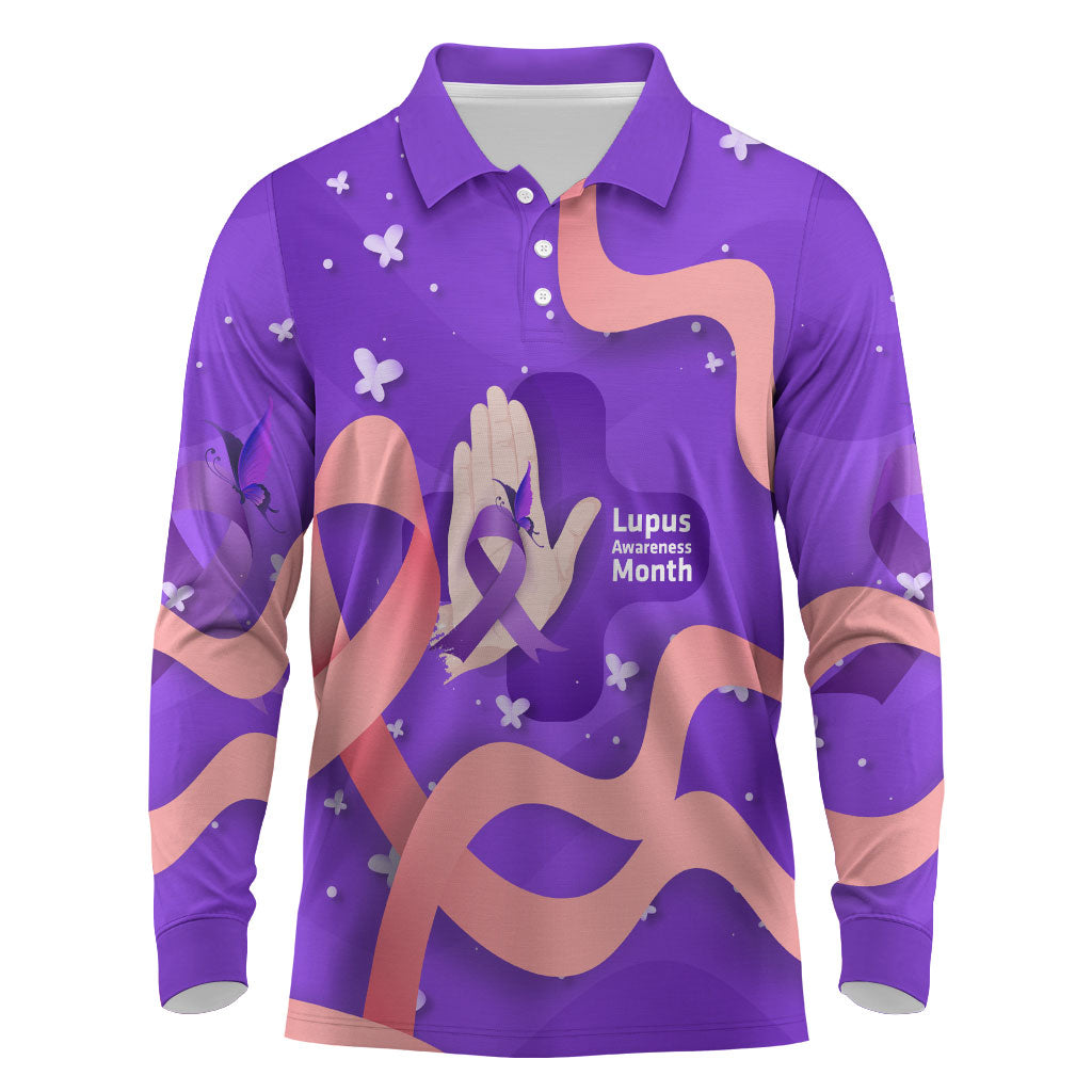 Lupus Awareness Long Sleeve Polo Shirt Her Fight Is My Fight - Purple Ribbon Butterfly Wave Style
