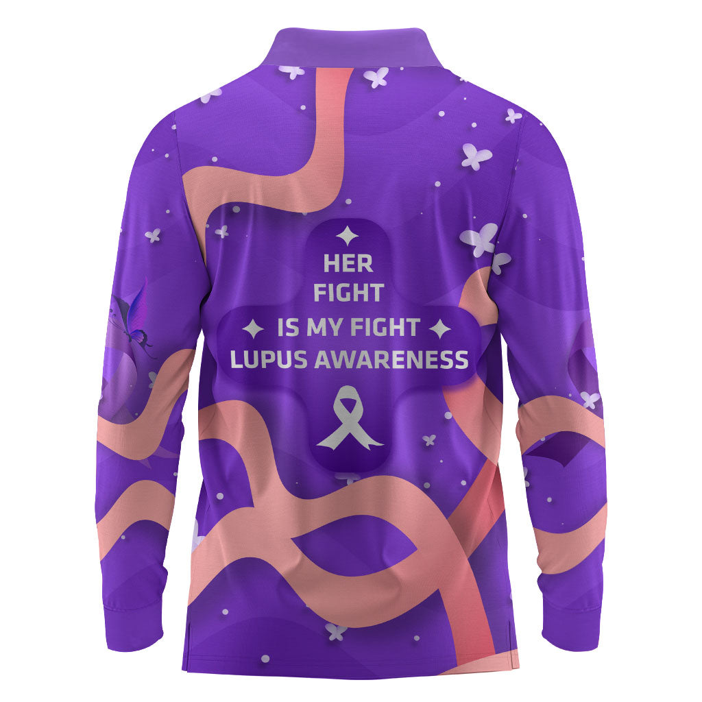 Lupus Awareness Long Sleeve Polo Shirt Her Fight Is My Fight - Purple Ribbon Butterfly Wave Style