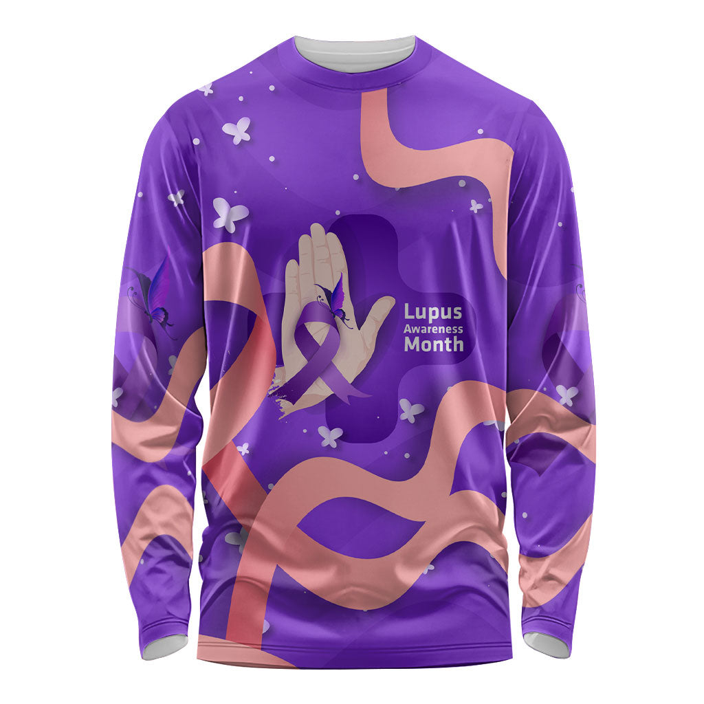 Lupus Awareness Long Sleeve Shirt Her Fight Is My Fight - Purple Ribbon Butterfly Wave Style