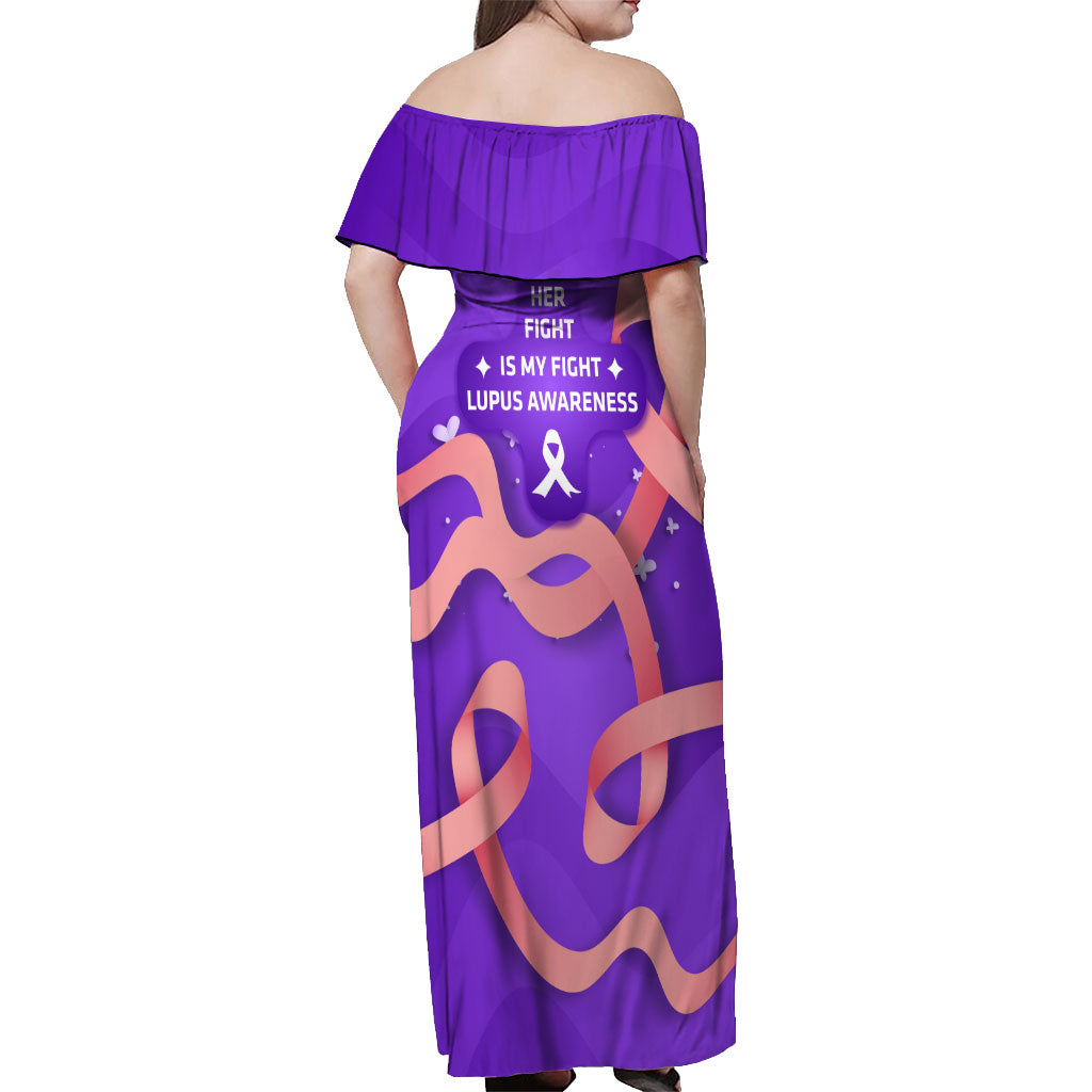 Lupus Awareness Off Shoulder Maxi Dress Her Fight Is My Fight - Purple Ribbon Butterfly Wave Style
