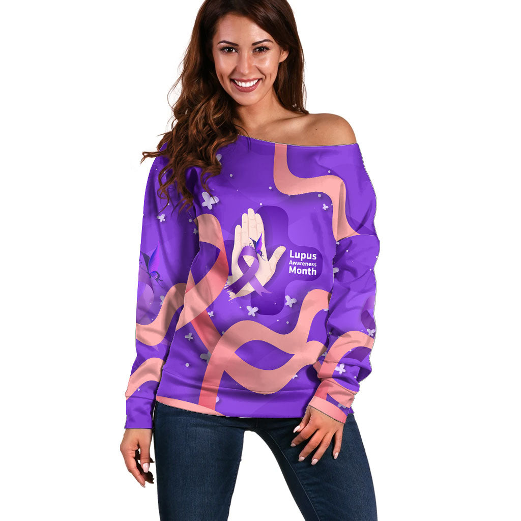 Lupus Awareness Off Shoulder Sweater Her Fight Is My Fight - Purple Ribbon Butterfly Wave Style